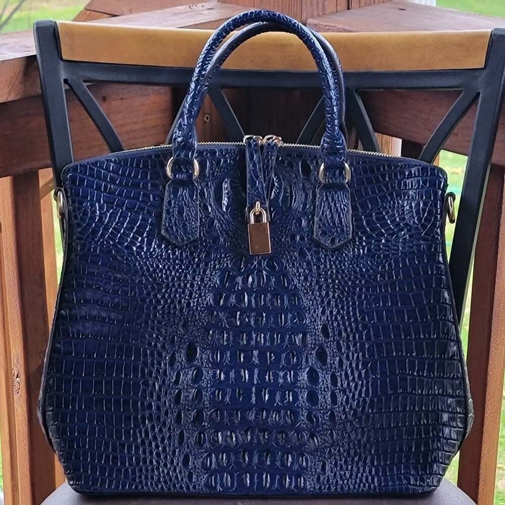 Vicenzo Structured Handbag – Navy Crocodile-Embossed Italian Leather – NWOT
